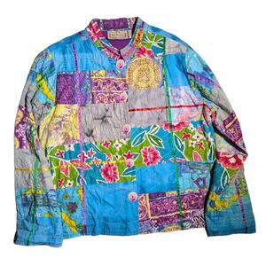 Vtg 1990s New Direction Blue Purple Patchwork Floral Mandarin Collar Jacket Sz L